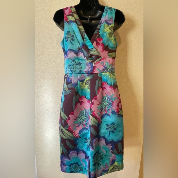 NWOT Calvin Klein Tropical Blue & Pink Floral Satin sleeveless midi dress. Small - Picture 10 of 10